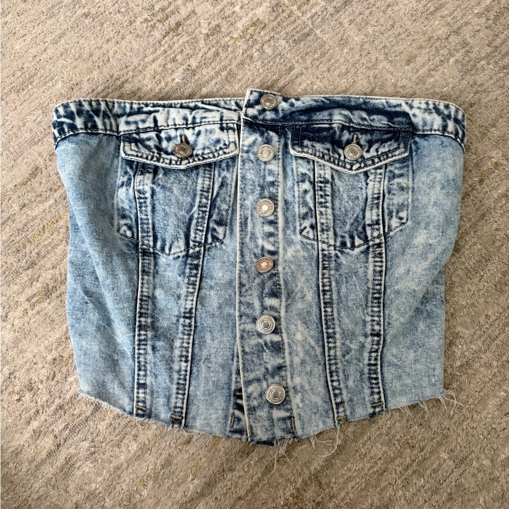 Denim Strapless Tube Top – Acid Wash – Smocked Back